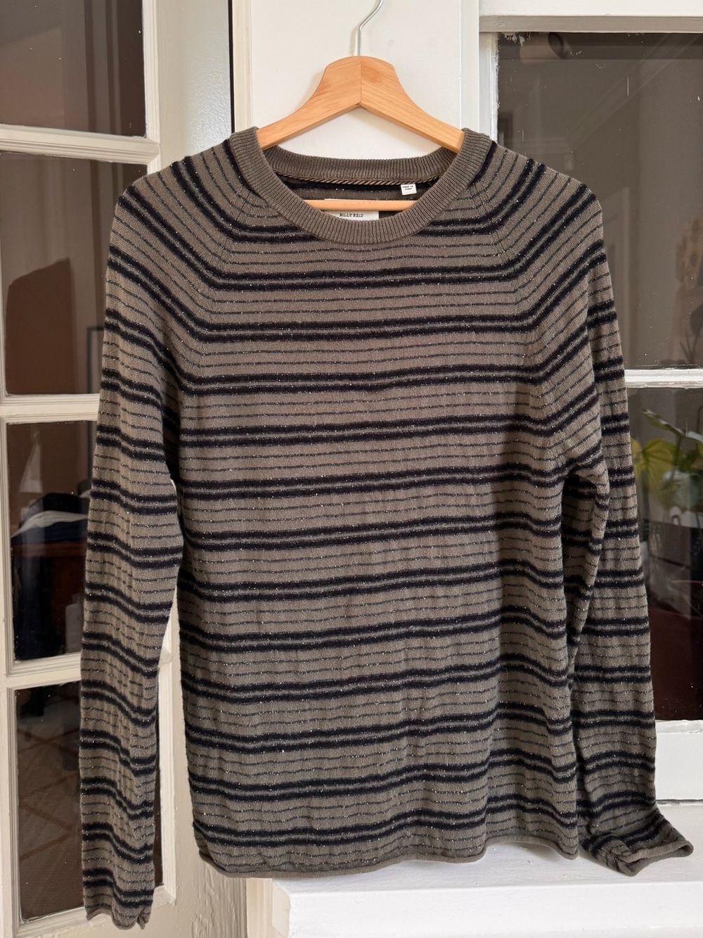 Billy Reid Boucle Crew Sweater M Olive Black Stripe Silk Cashmere Italy EUC